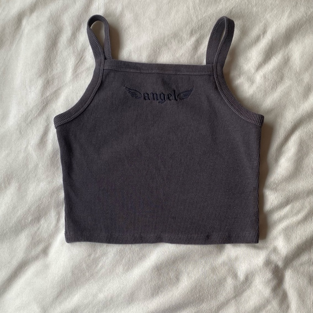 Garage Gray Ribbed Embroidered Cropped Tank Top